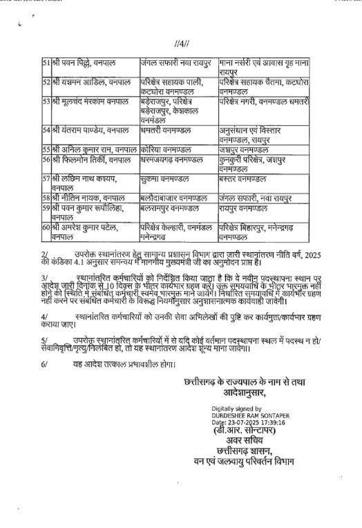 Transfer : वन विभाग में बड़ा फेरबदल, 60 कर्मचारियों का हुआ तबादला, देखें  लिस्ट…!! - Khabar Chhattisgarh News